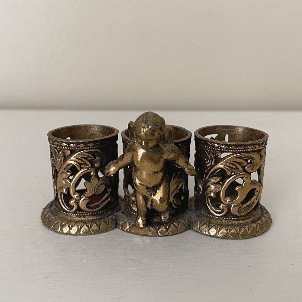 SOLD vintage lipstick holder Hollywood Regency brass cherub